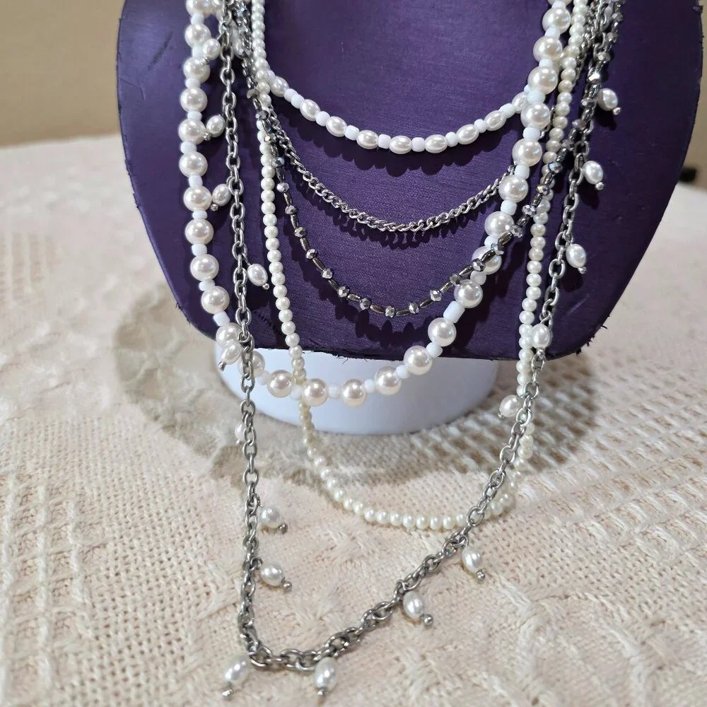 Pearls and Silver Chains Six 6 Strand Layered Vintage Long Elegant Necklace